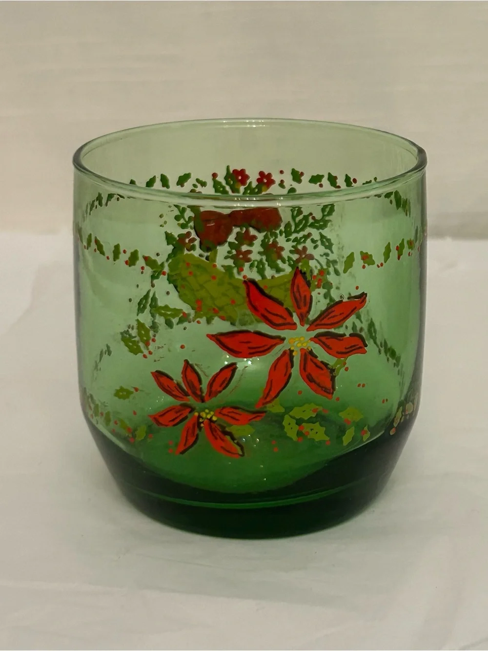 Vintage Green Glass Tumblers with Red Floral and Basket Motif - Set of‎ 6